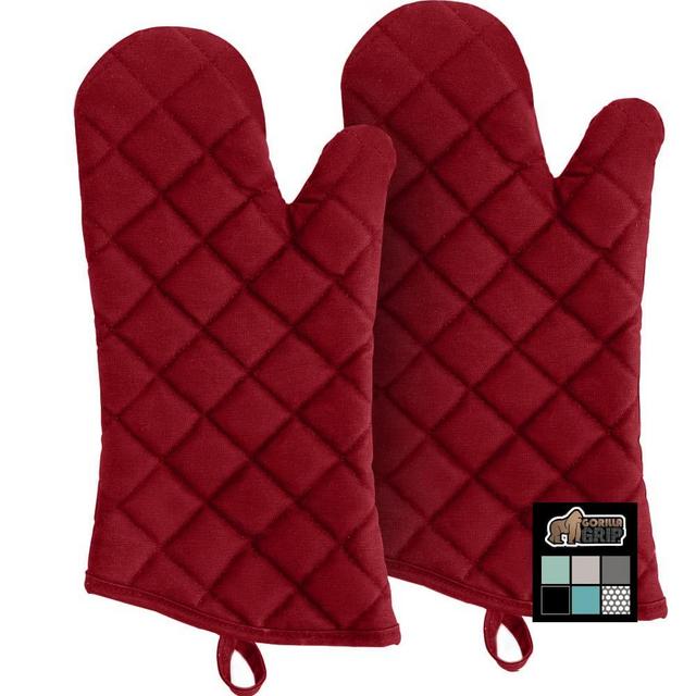 Gorilla Grip Heat Resistant Thick Cotton Oven Mitts and Pot Holder Sets, Quilted Lining, Strong Grip Kitchen Mitt, Long Hot Pads Pair, Cooking Baking BBQ Gloves, 15 Inch, Red
