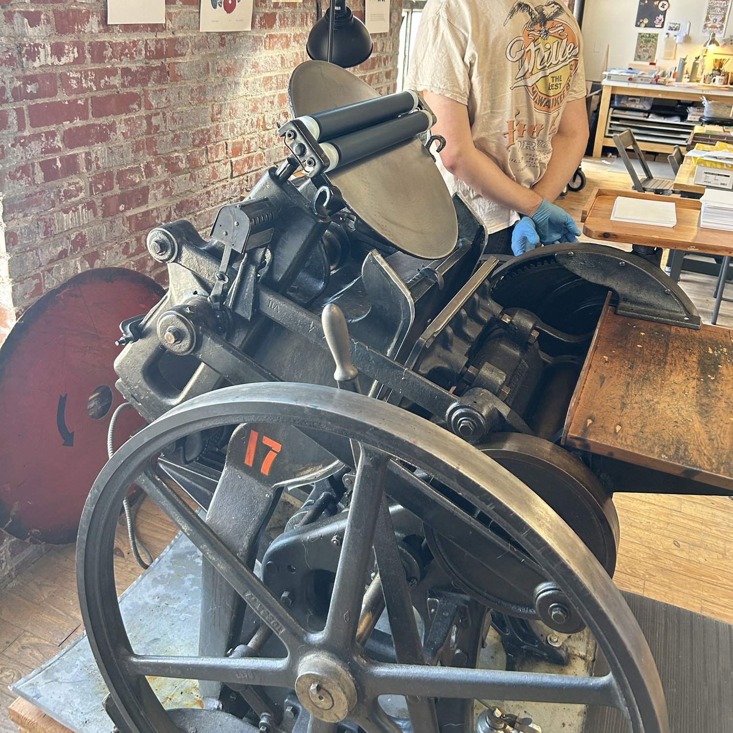 Kim’s historic Chandler & Price platen press (c. 1914)!
