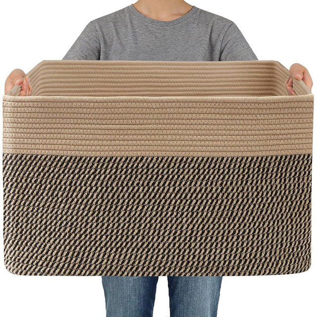 JMvicyroam Woven Blanket Basket,65L Large Storage Bin for Blankets Toys Clothes,Decorative Rope Basket for Living Room Bedroom with Handles, Jute&Black