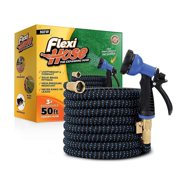 Flexi Hose Lightweight Expandable Garden Hose | No-Kink Flexibility - Extra Strength with 3/4 Inch Solid Brass Fittings & Double Latex Core | Rot, Crack, Leak Resistant (50 FT, Blue/Black)