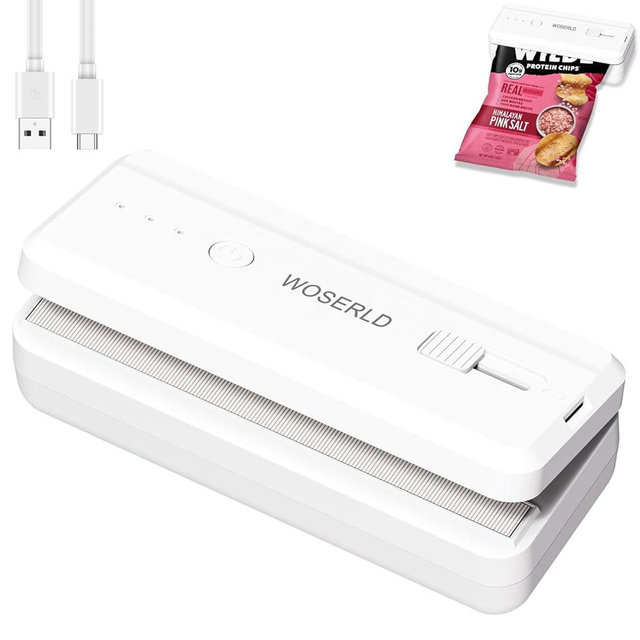 WOSERLD Mini Bag Sealer and Cutter magnet 1300mAh Rechargeable Chip Bag Sealer Machine Sealer Portable Heat Sealer Kitchen Food packaging Plastic bag resealer (White)