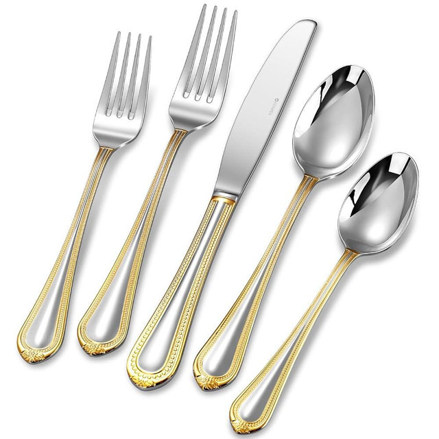 KEAWELL Pearl Edge Premium 20-Piece Refined Bead Silverware Set, 18/10 Stainless Steel, Service for 4, Fine Flatware Set, Dishwasher Safe (20, Gold Accent)