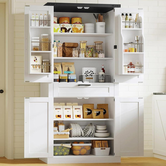 TEENFON 71" Tall Kitchen Pantry Cabinet, Farmhouse Storage Cabinet with Barn Doors, 6 Hanging Shelves, 1 Drawer & Adjustable Shelves, Cupboard for Kitchen, Dinging Room, White