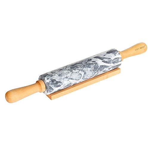CHEFMADE 18-Inch Marble Rolling Pin with Wooden Handles and Cradle, Non-stick FDA Approved (Gray and White)