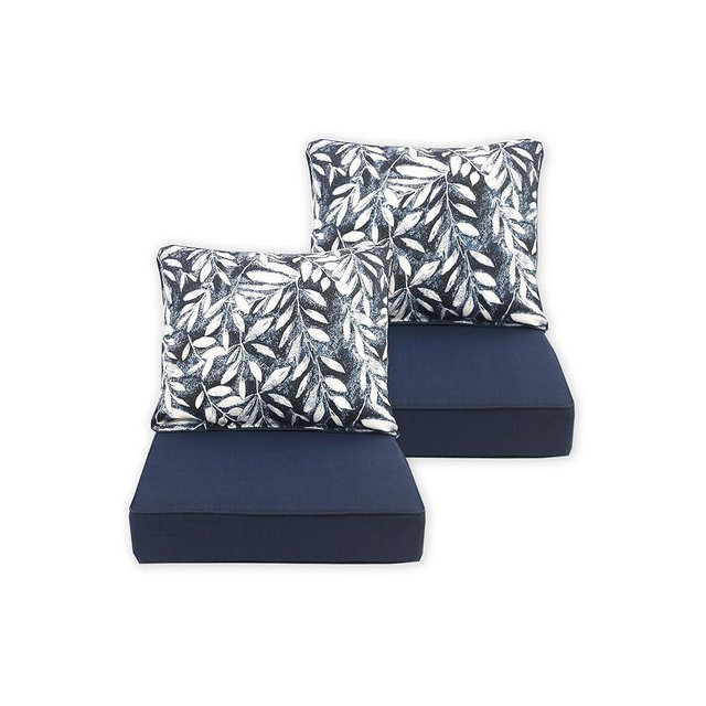 HDZNVF Deep Seat Cushion 24x24 2 Set (4 Pcs) for Outdoor Furniture, Water Repellent Fade Resistant Patio Cushions for Sofa, Chair, Lounge, Blue Leaves/Floral