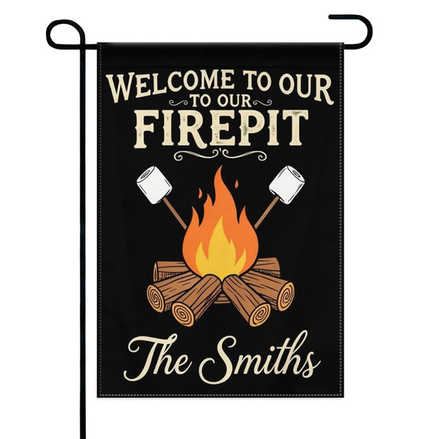 Welcome To Our Firepit Garden Flag Double Sided Burlap, Cozy Campfire S'mores Design for Lawn, Patio & Porch Outdoor Spaces, 12x18 Inch