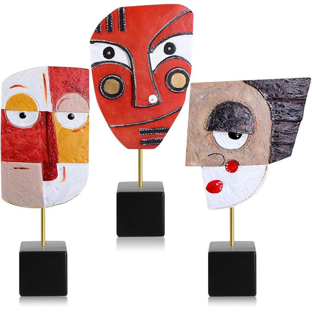Briwooody 3 Pcs Wink Handcrafted Statues Resin Abstract Sculpture for Home African Art Tribal Figurines Decorations Face Sculpture Home Decor Colorful Decor for Office Living Room Entrance