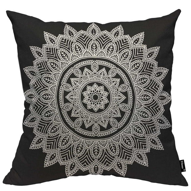Yibeas White on Black Mandala Throw Pillow Covers 18 x 18 inch Linen Pillow Cushion Cases Square Pillowcases for Sofa Couch Bedroom Living Room Car