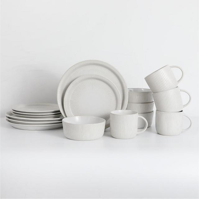TABLE 12 16-Piece Dinnerware Set, Parchment Embossed Dish Set for 4 with Dinner Plates, Dessert and Salad Plate Set, Bowl Set, and Mugs