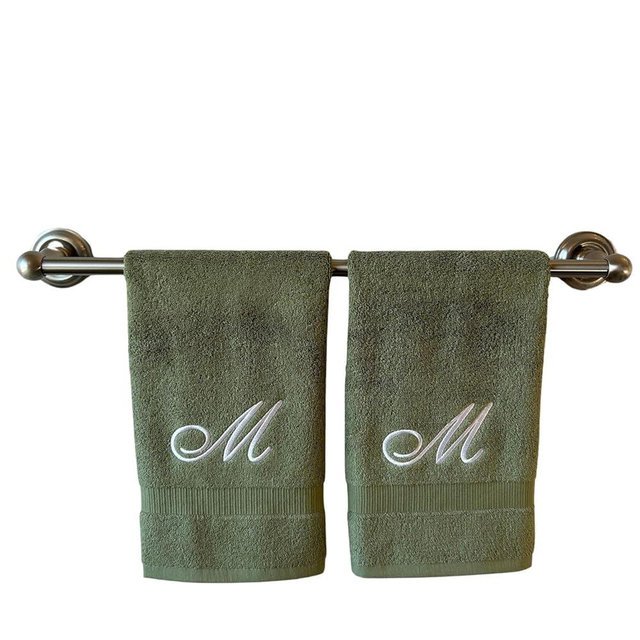 Sage Monogrammed Hand Towels for Bathroom - Luxury Hotel Quality Personalized Initial Embroidered Towel for Powder Room, Spa - GOTS Organic Certified - Set of 2 White Letter M