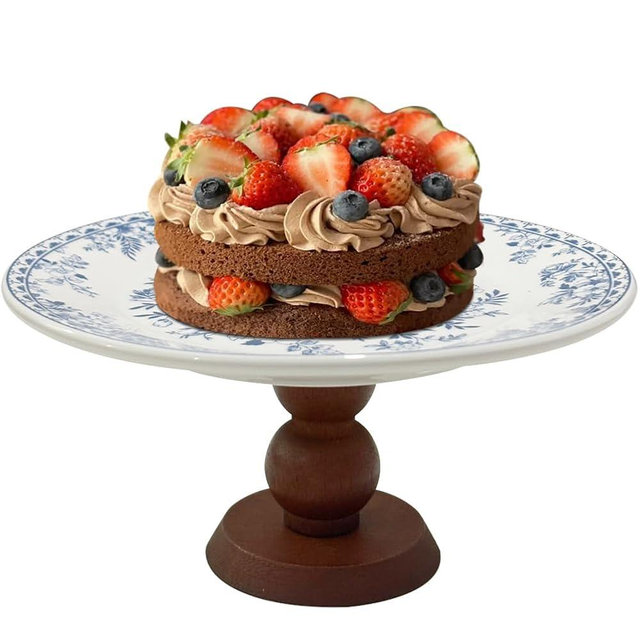 Vintage Ceramic Cake Stand Small 7 Inch Round Dessert Cupcakes Donuts Fruit Display Stand Blue and White Floral Porcelain Wooden Pedestal Dessert Stand for Wedding Birthday Party elegant Jewelry Tray