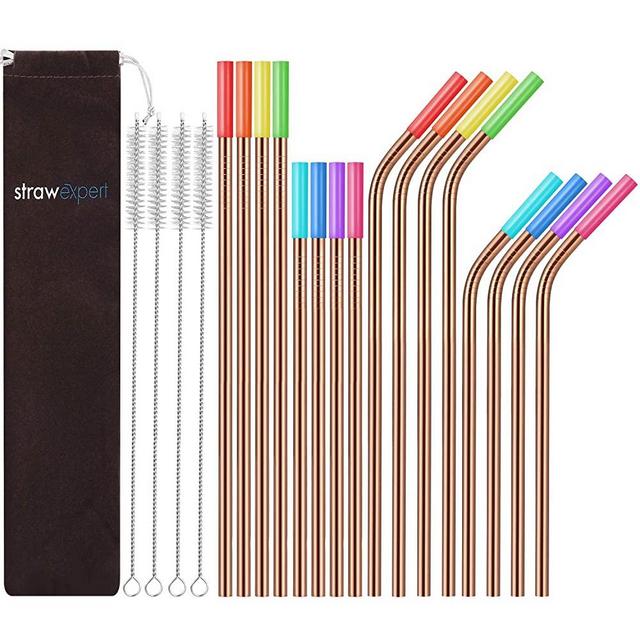 StrawExpert 16 Pack Rose Gold Reusable Metal Straws with Silicone Tip & Travel Case & Cleaning Brush,Long Stainless Steel Straws Drinking Straw for 20 and 30 oz Tumbler