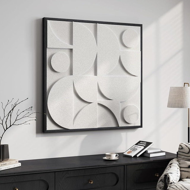 Large 3D Textured Framed White Abstract Wall Art for Living Room, Modern Geometric Sandstone Texture Paintings Artwork for Walls, White Minimalist Pictures for Bedroom Hallway Wall Decor 30x30 In