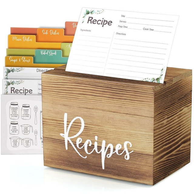 DRASTAR Recipe Box, Wooden Recipe Organizer, Recipe Holder with 100 Recipe Cards 4"x 6" & 6 Dividers, Burnt Wood Rustic Recipe Cards and Box Set