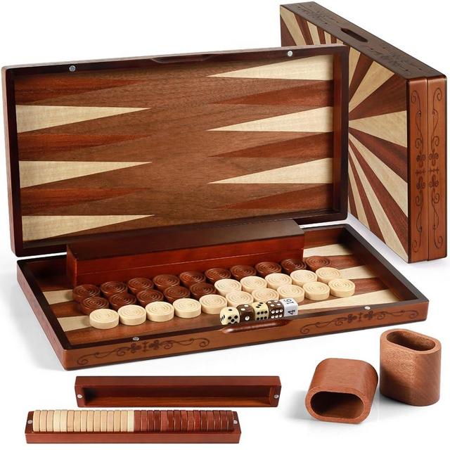 Handcrafted Wooden Backgammon Set - 16" Large Board Game with Oversized Pieces - Classic 2-Player Strategy Game Perfect for Adults & Kids
