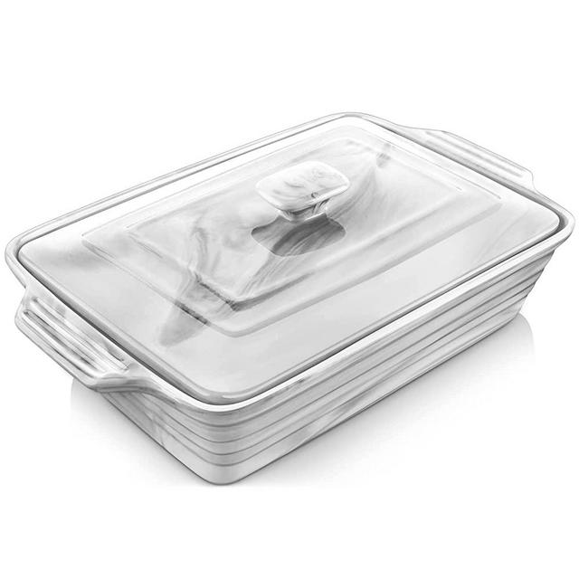 Casserole Dish with Lid, MALACASA 4.3 Quart Ceramic Bakeware, 9 x 13 Rectangular Baking Dish with Lid Oven Safe, Deep Casserole Cookware Lasagna Pan, Marble Gray