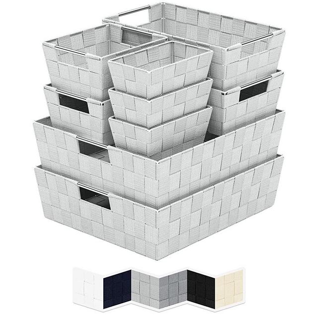 Woven Storage Baskets For Organizing - Set Of 9 Fabric Empty Organizer Bins With Handles - Great Bin For Organization, Linen Closet Shelves & Bathroom Basket. Empty Baskets For Gifts - (Grey)