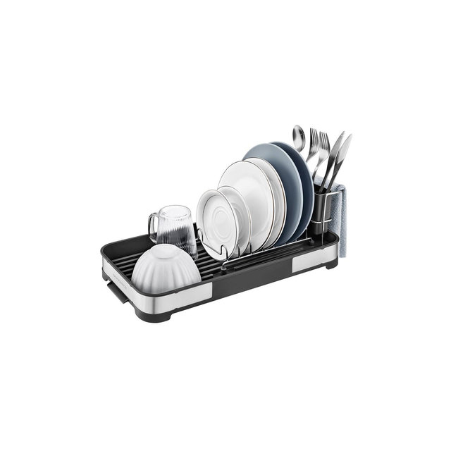 SONGMICS Dish Drying Rack, Dish Dryer for Kitchen Counter, Stainless Steel Dish Rack with Drain, Utensil Holder, Rustproof,Silver and Black