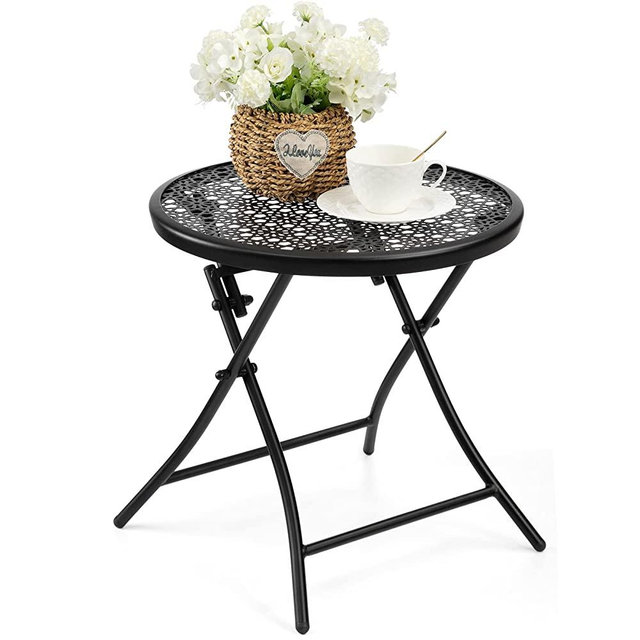 Outdoor Side Table, Round Folding Small Patio Table, Punched Design Weather Resistant Metal End Table for Patio Porch Yard Balcony, Black