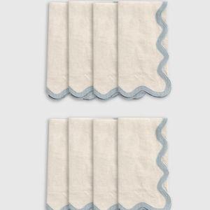 European Linen Scallop Edge Napkins (Set of 8) - Flax/Dusty Blue