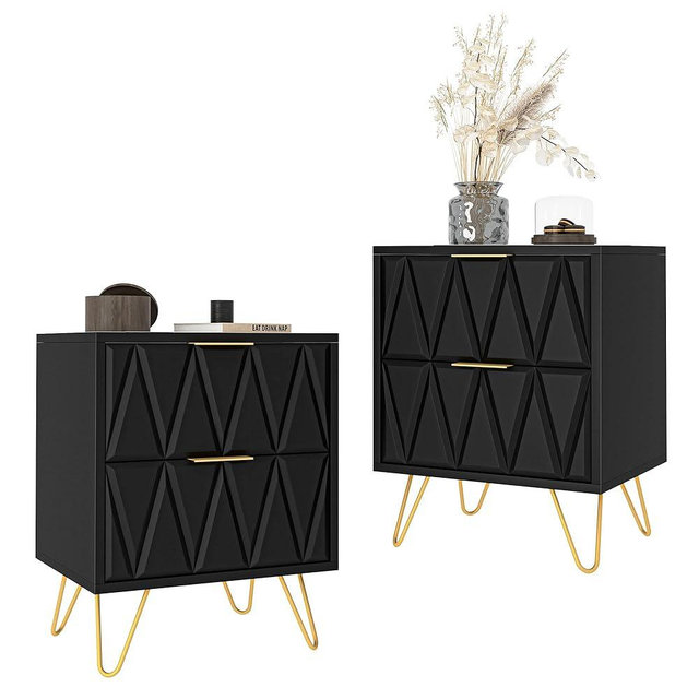 Spaco Black Nightstand Set of 2, Modern Bedside Tables Set of 2 with 2 Drawers for Bedroom, Night Stand with Gold Legs,End Side Tables for Living Room