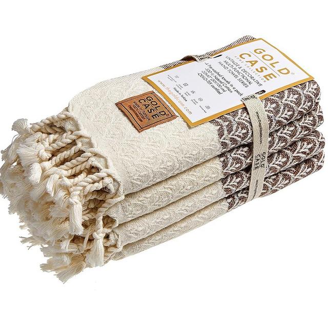 Helen Original Turkish Hand Towels by Gold CASE - Set of 4-20x40 100% Cotton Decorative Towel - Bathroom and Kitchen Peshtemal for Hand, Face, Hair, SPA, Yoga, Gym, Tea and Dishcloth, Brown