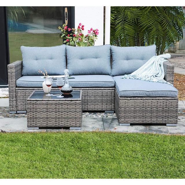 JOIVI Patio Conversation Set, PE Wicker Rattan Outdoor Furniture Set, 2 Ways Sectional Sofa Lounge and Love Seat with Cushions, Tempered Glass Coffee Table, Silver-Gray