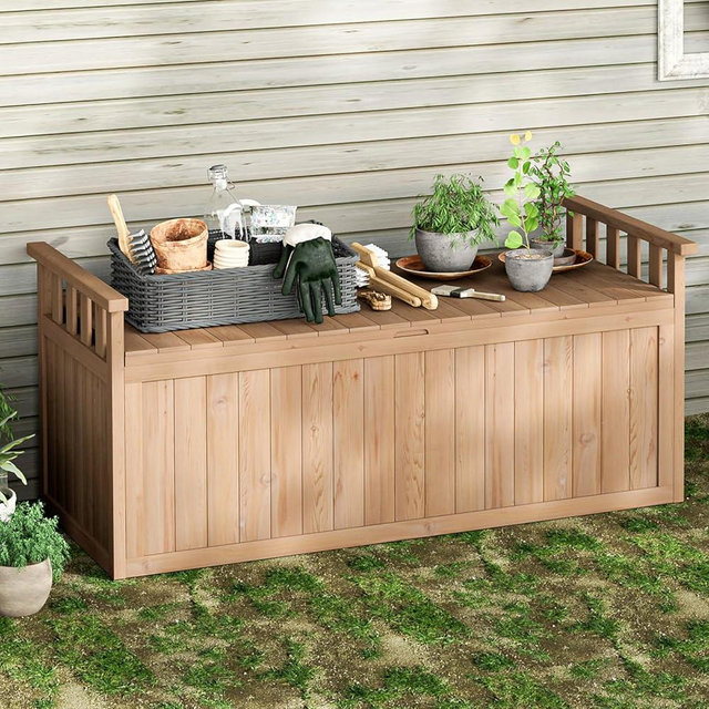 JOINATRE 55 Gallon FirWood Deck Box Storage Bench for Tools Cushions Patio Outdoor Container for Backyard Porch Garden Balcony Poolside (Natural Wood)