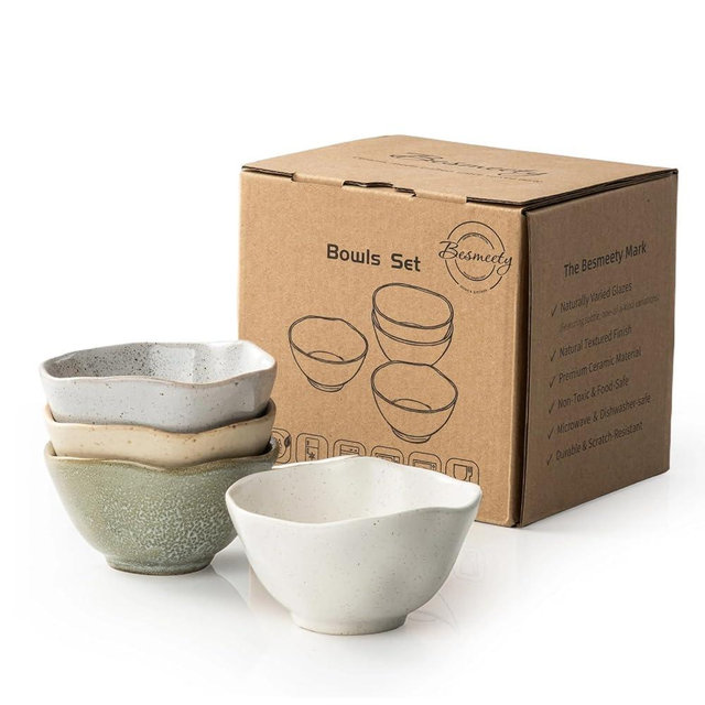 Besmeety 8oz Ceramic Small Bowls Set of 4, Cereal Bowls for Dessert, Fruits, Yogurt, Dipping, Side Dishes, Farmhouse Vintage Color Dinnerware for Kitchen