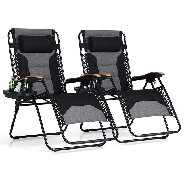 PHI VILLA XXL Oversized Padded Zero Gravity Chair, Foldable Patio Recliner, 30" Wide Seat Anti Gravity Lounger with Cup Holder, Set of 2, Support 400 LBS (Black)