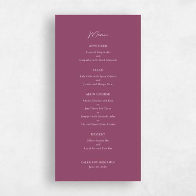 Deep Magenta, Pink Wedding Menu - Alyeska