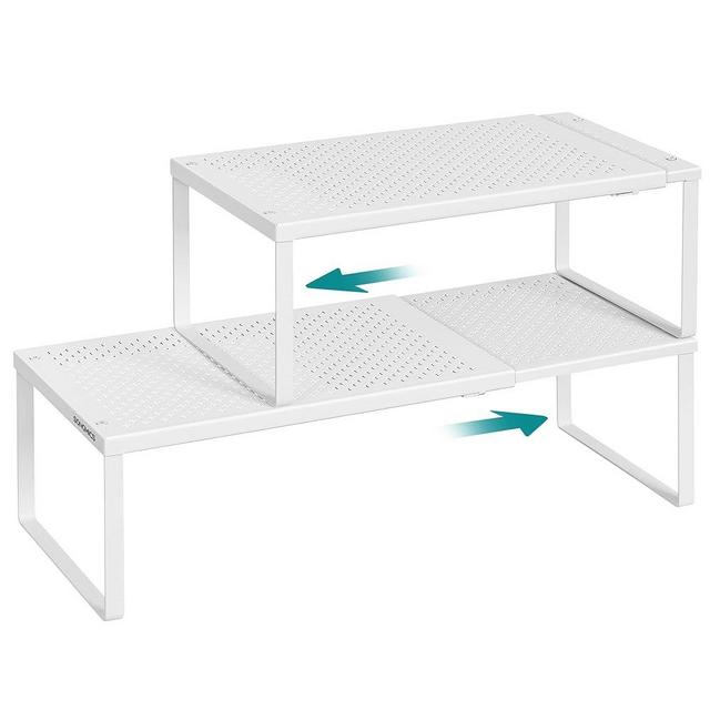 SONGMICS Spice Racks, Set of 2 Expandable Kitchen Countertop Shelves, Small Cupboard Organizers, Metal, Space-Saving Tabletop Shelves, Matte White UKCS402W01