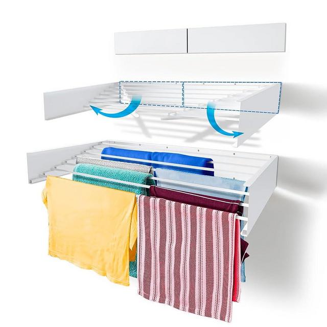 Step Up Laundry Drying Rack, Wall Mounted, Retractable Clothes Drying Rack, 70lbs Capacity, 27 Linear Ft, with Wall Template and Long Drill Bit (White - 47")