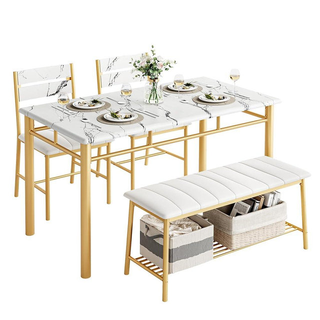 IRONCK Dining Table Set for 4, Kitchen Table with Upholstered Bench and 2 Chairs, Kitchen Table and Chairs Set for Small Space, Apartment, White & Gold
