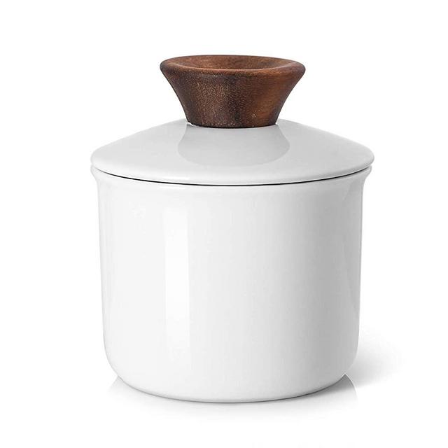 DOWAN Porcelain Butter Keeper Crock, French Ceramic Butter Crock with Wood Knob Lid, Butter Dish for Soft Butter, White