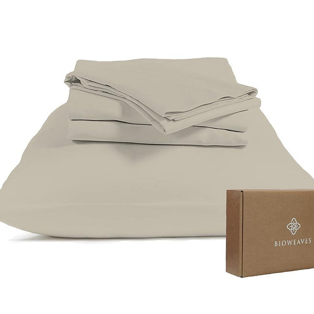 BIOWEAVES 100% Organic Cotton Sheets, 300 Thread Count 4-Piece GOTS Certified Bed Sheet Set Fits Mattress Upto 17" Deep Pocket, Soft & Silky Sateen Weave (Queen, Sand)
