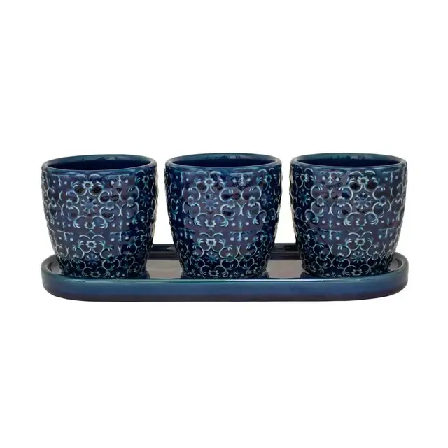 Blue Mediterranean Bell Ceramic Trio Planter