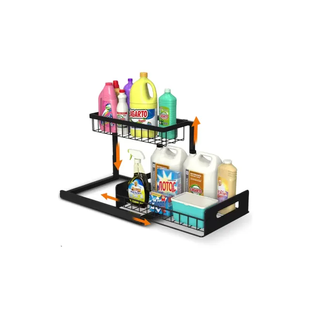Cheer Collection Heavy-Duty Under Sink Storage Organizer – 2-Tier Pull-Out Cabinet Shelf with Metal Frame and Guardrails