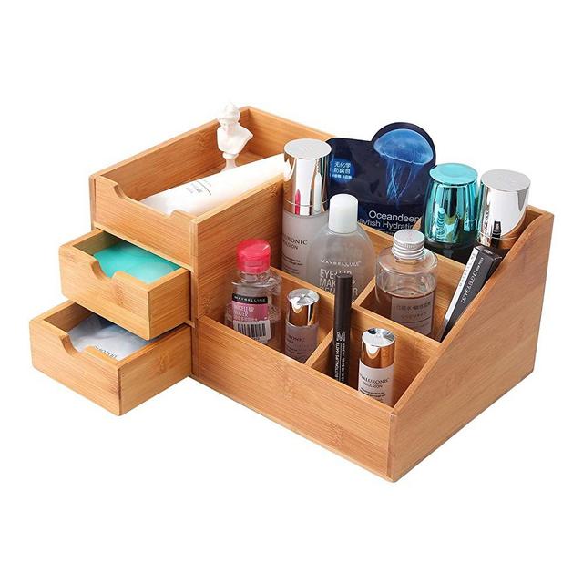 Homode Makeup Organizer, Bamboo Wood Vanity Countertop Organizer Cosmetic Jewelry Storage Tray with Drawers for Bathroom
