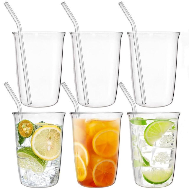 Nagpew 6 Piece Drinking Glasses, 16 Oz Clear Water Glass Set with Straws, Lead-free Highball Glass Cup Kitchen Glassware for Juice, Beverage, Cocktail, Ice Tea, Coffee, Soda