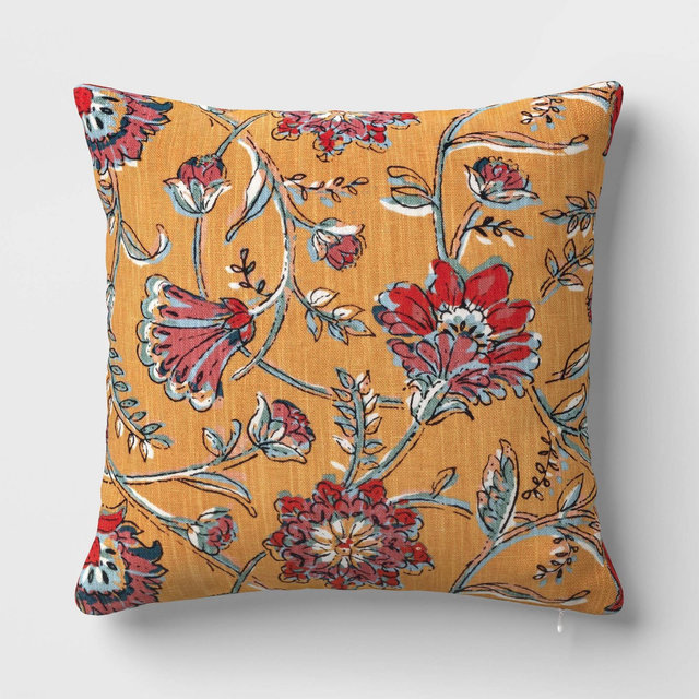Square Floral Reversible Throw Pillow with Block Print Yellow - Threshold™