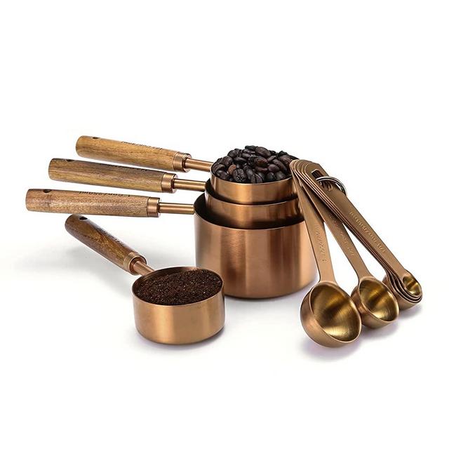 Malmo Measuring Cups and Spoons Set,10-piece with Wooden Handle, Titanium-plating stainless steel, Rose Gold