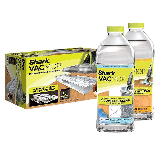 Shark VMP40 VACMOP Pro Cordless Hard Floor Vacmop Pad Refills (40 ct.) & 1 Bottle of Multi-Surface Cleaner Spring Fresh Scent and 1 Bottle Hardwood Surface Cleaner Fresh Citrus (Packaging May Vary)