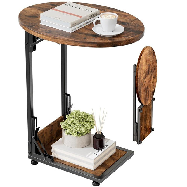 Elbourn Folding Side Table End Couch Tables,Metal Frame C-Shaped TV Stand for Sofa Living Bedroom Bedside Coffee Small Spaces(Vintage Wood Color)