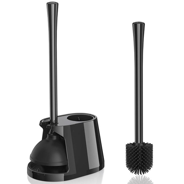 TRENTI Toilet Plunger and Brush Set, Silicone Bowl Brush and Heavy Duty Toilet Plunger with Ventilated Holder, 2-in-1 Toilet Brush and Plunger Combo for Bathroom Deeply Cleaning（Black）