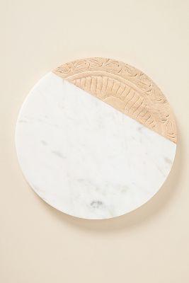 Round Carved Wood & Marble Cheese Board