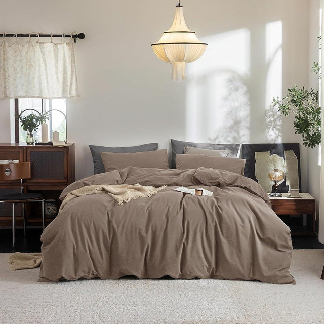 FOSSA Duvet Cover Set 100% Washed Cotton Linen Feel Super Soft Breathable Cozy 3 Pieces Bedding Sets Solid Pale Brown Oversized Queen