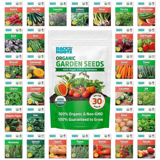 Back to the Roots Heirloom Organic, Non-GMO & USA Grown Seeds, 30ct Herb, Fruit, and Veggies, Assortment May Vary, Guaranteed to Grow