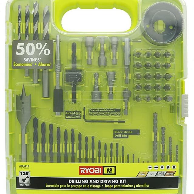 Ryobi A98601 60 Piece Black Oxide Drilling and Driving Bit Set with Carrying Case for Wood, Metal, Plastic, and Masonry