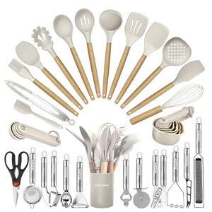 Kitchen Utensils Set- 35 PCs Cooking Utensils with Grater,Tongs, Spoon Spatula &Turner Made of Heat Resistant Food Grade Silicone and Wooden Handles Kitchen Gadgets Tools Set for Nonstick Cookware